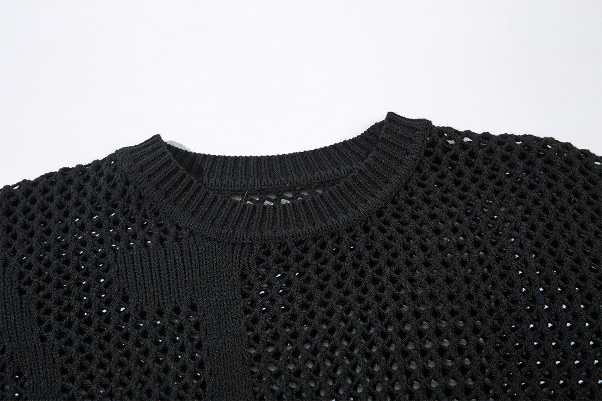 Beige Crew Neck Sweater Open-Knit Mesh Oversized Pullover