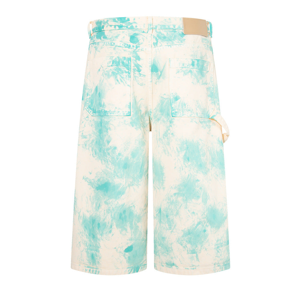 Tie-Dye Wide-Leg Denim Shorts – Loose Fit Cargo-Style Cropped Jeans
