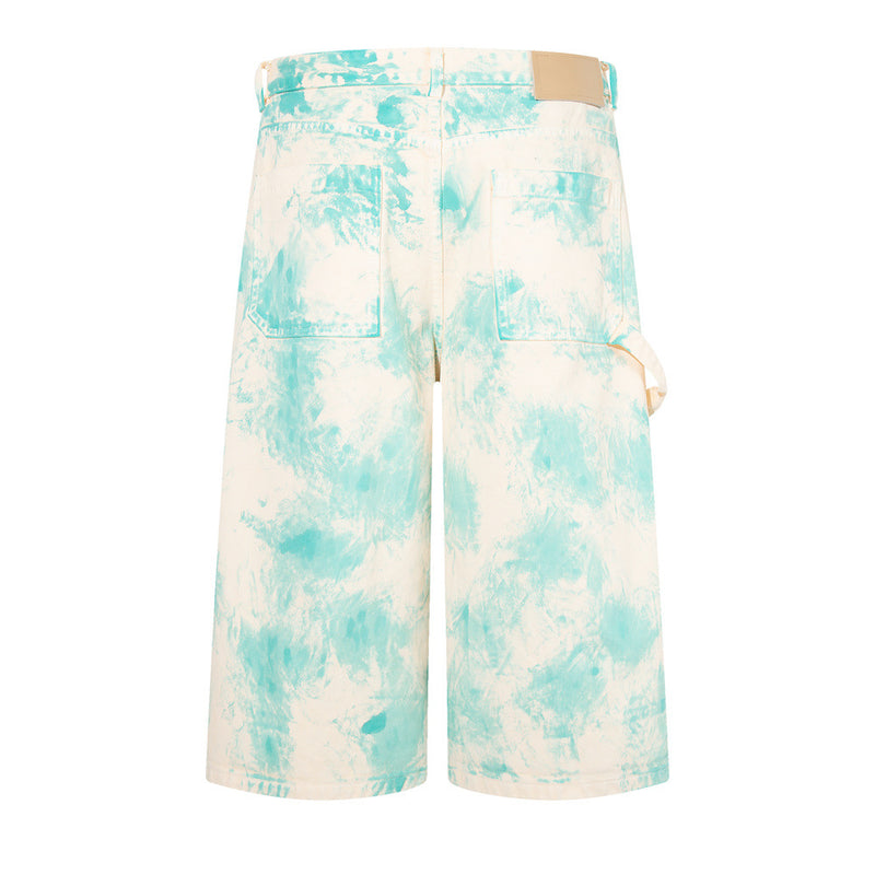 Tie-Dye Wide-Leg Denim Shorts – Loose Fit Cargo-Style Cropped Jeans