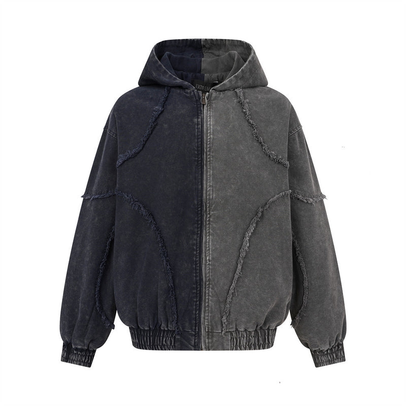 Veste à capuche zippée en patchwork délavé à l'acide – Bomber oversize bicolore à coutures effilochées
