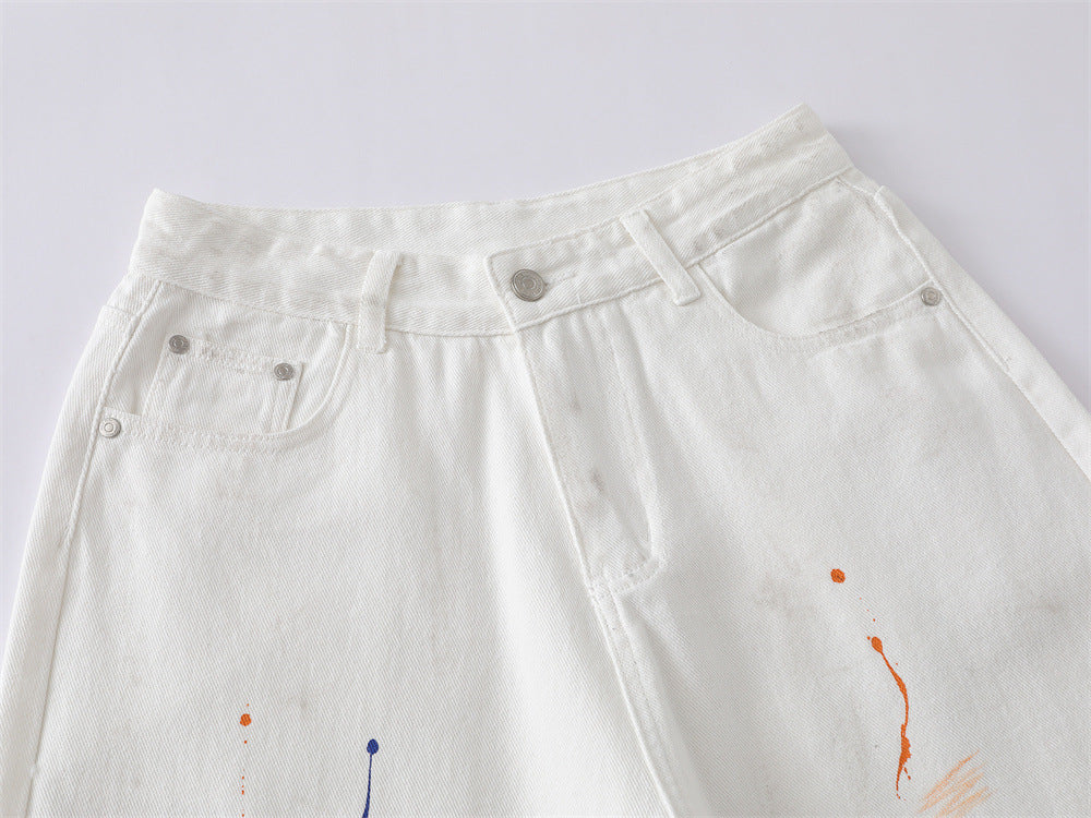 Paint Splatter Denim Shorts – Wide Leg Hip-Hop Street Style