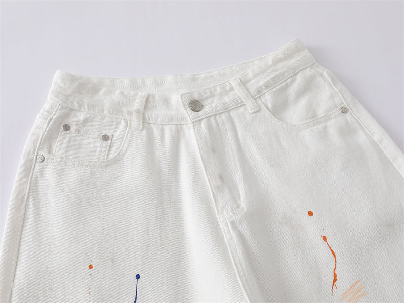 Paint Splatter Denim Shorts – Wide Leg Hip-Hop Street Style