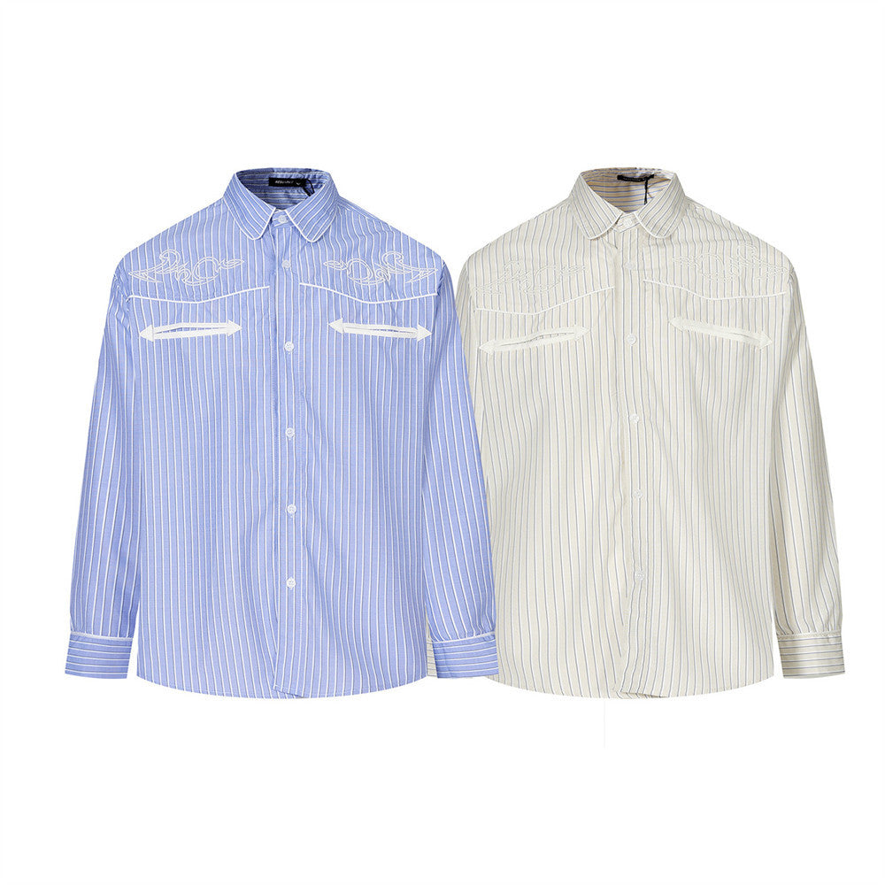 Men's Striped Long Sleeve Shirt – Oversized Western Embroidery & Dual Chest
