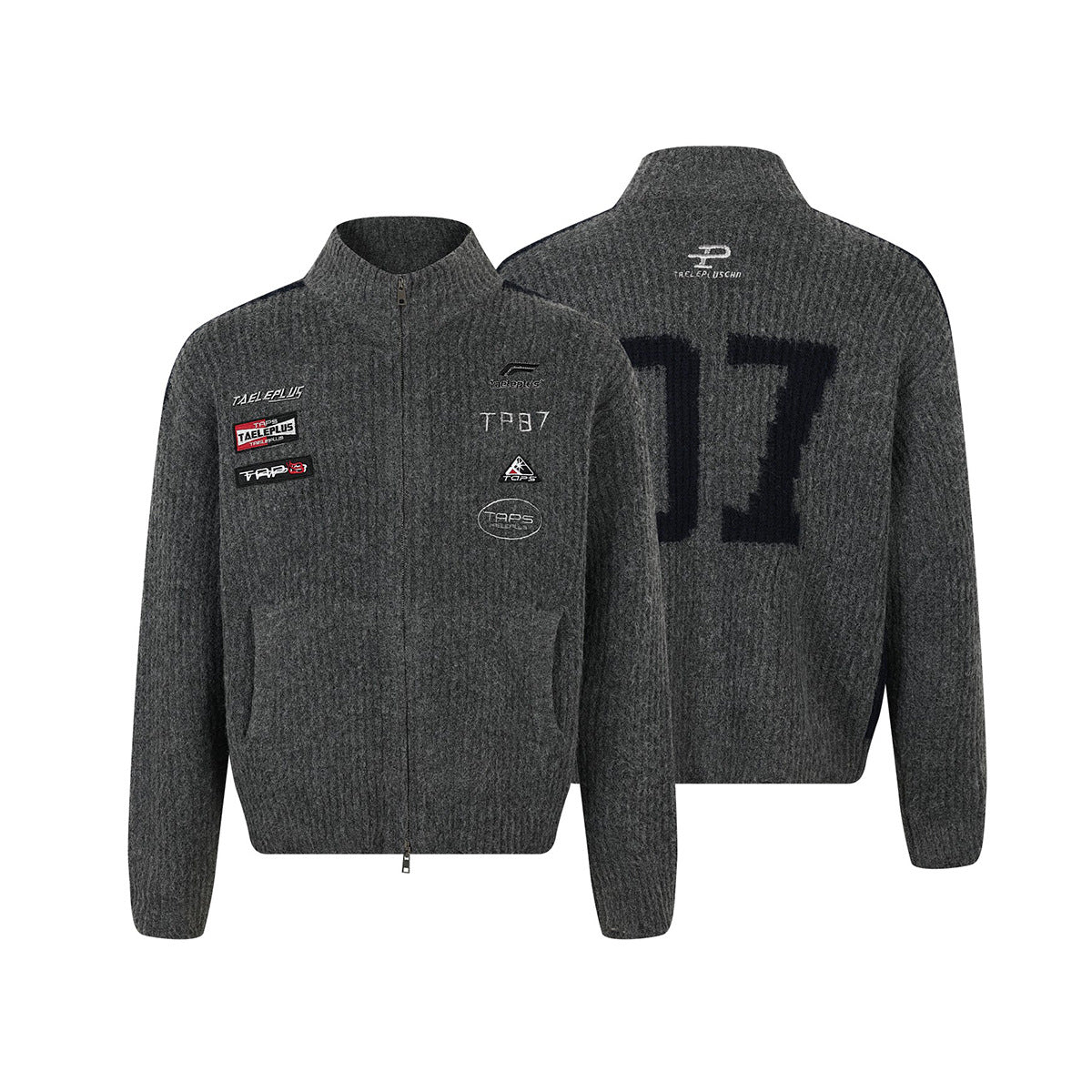 Strick-Cardigan mit Racing-Patches, Reißverschluss und Stehkragen