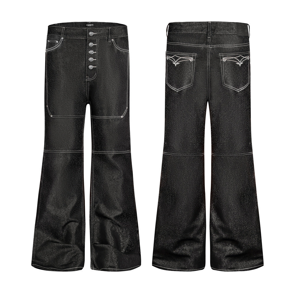 Jean bootcut noir baggy pour homme – Braguette boutonnée, surpiqûres contrastantes et détails déstructurés