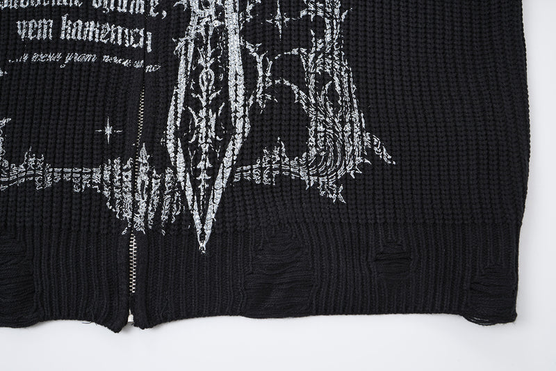 Pull col montant zippé en maille gothique à croix imprimée et effet usé