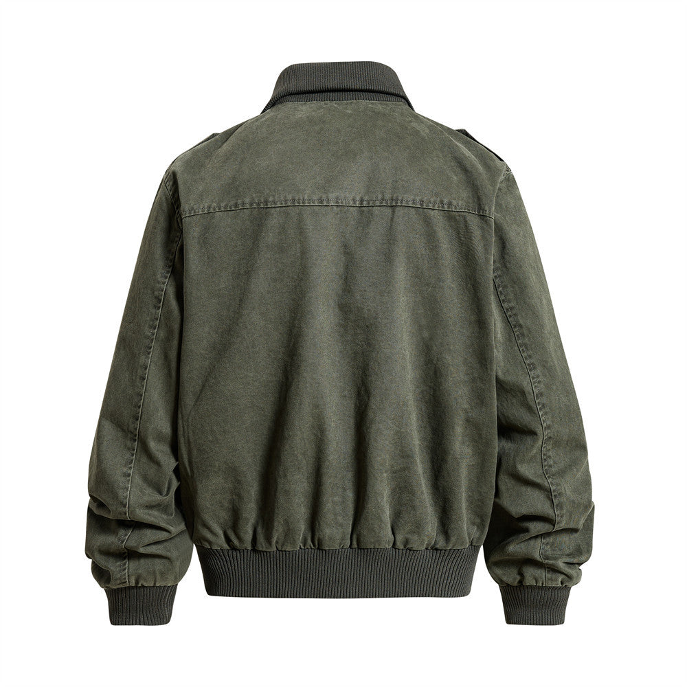 Washed Cargo Bomber Jacket – Men's Oversized Stand Collar with Double Chest Zips