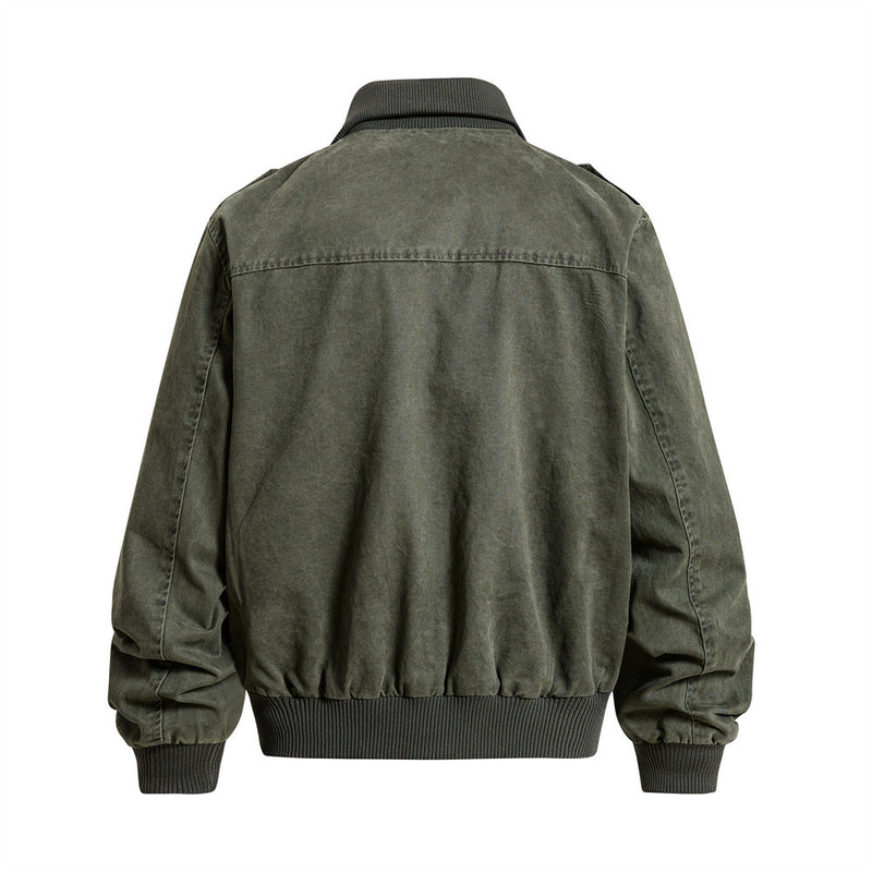 Washed Cargo Bomber Jacket – Men's Oversized Stand Collar with Double Chest Zips
