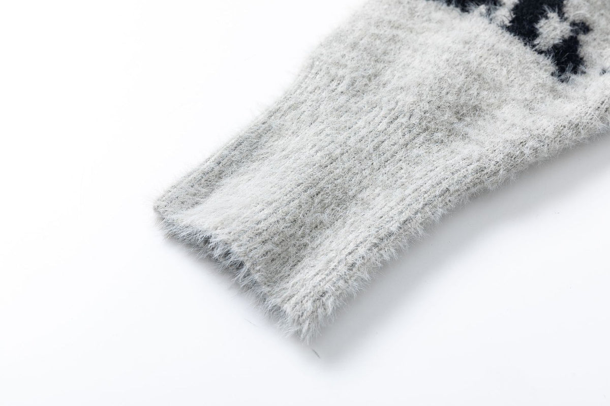 Veste-pull zippée en maille à imprimé abstrait – cardigan gris effet fourrure