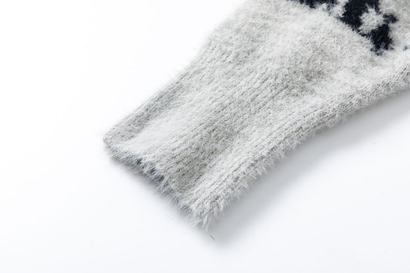 Veste-pull zippée en maille à imprimé abstrait – cardigan gris effet fourrure