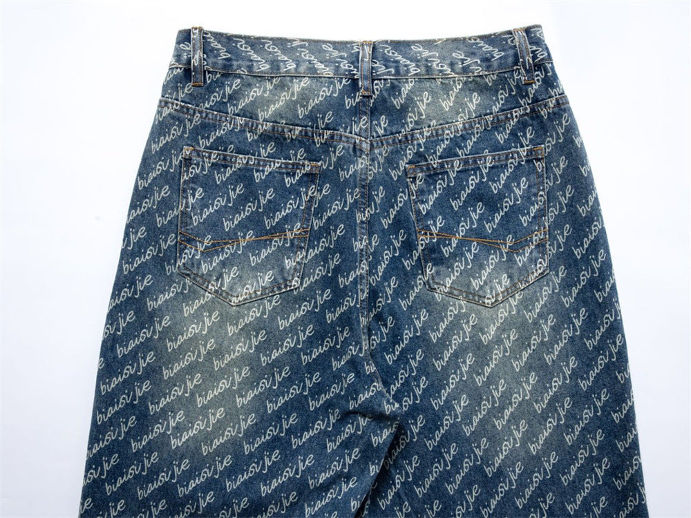 Men's Wide-Leg Jeans – Allover Script Letter Print, Loose Straight Fit