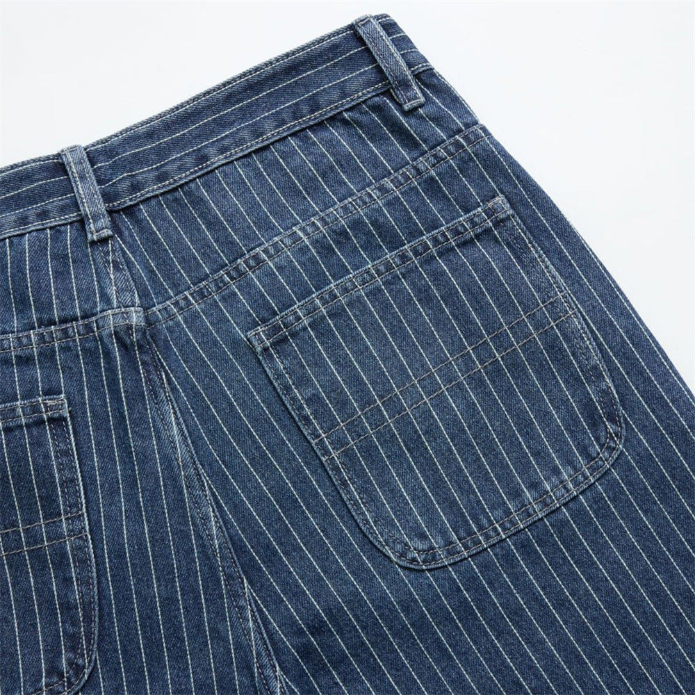 Men's Blue and White Striped Pants Wide-Leg Jeans with Rivet Side Detail