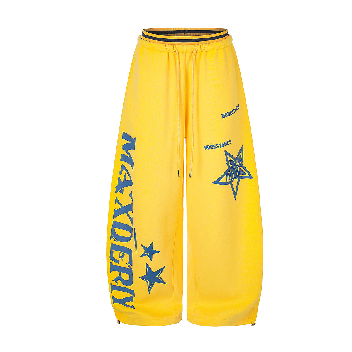 Pantalon de survêtement graphique jaune à jambes larges, imprimés étoiles et lettres bleus, taille élastique à cordon et zips aux chevilles