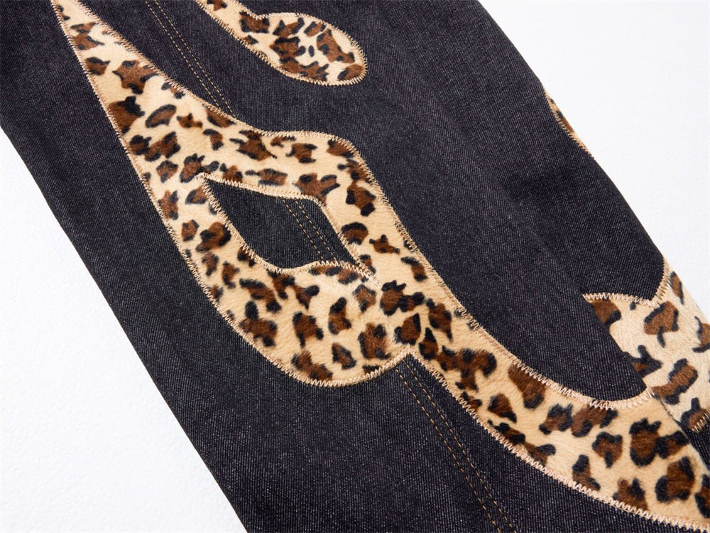 Loose Fit Jeans Men – Black Wide-Leg Denim with Leopard Print Appliqué Patches