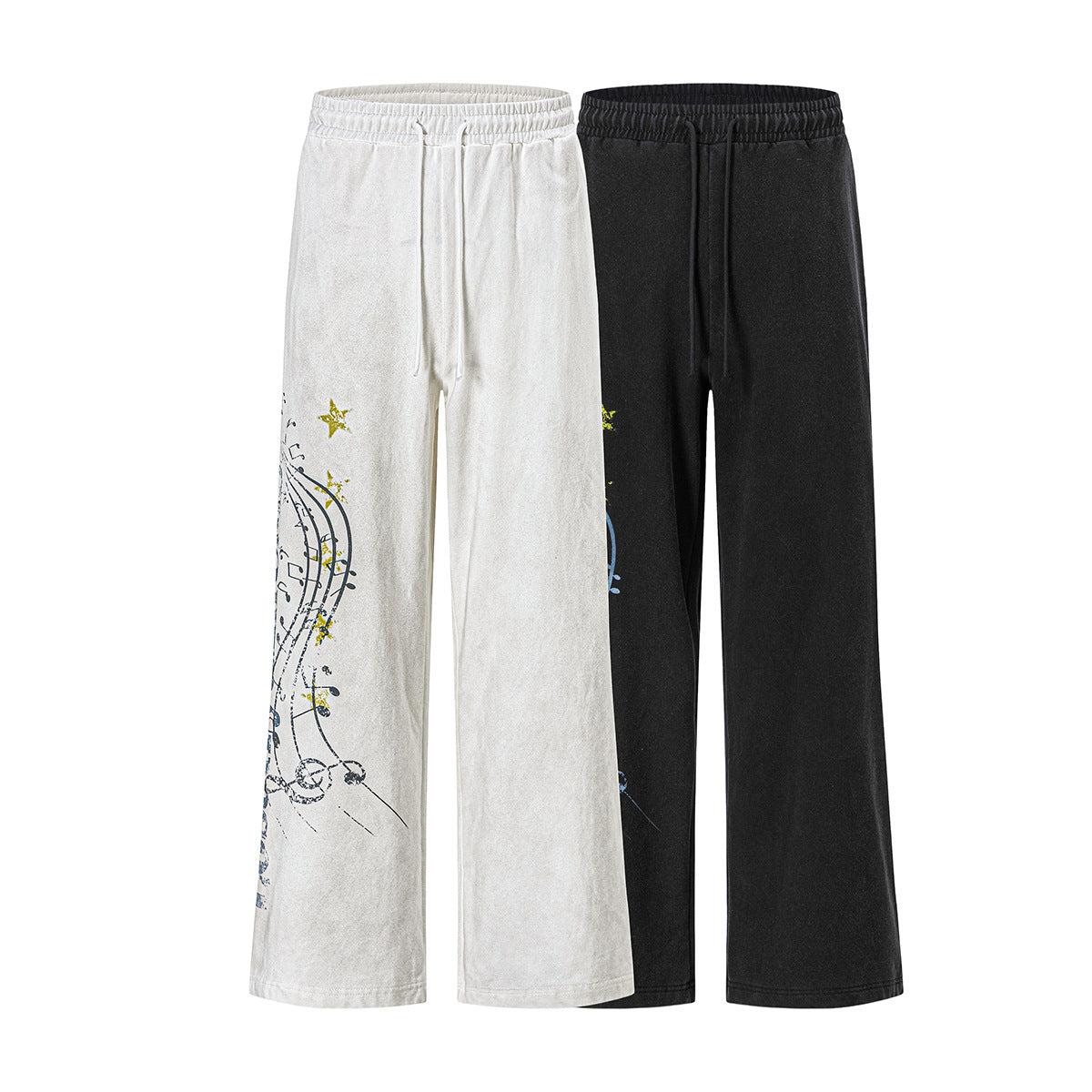 Pantalon de survêtement à jambes larges avec motif de notes de musique, coupe décontractée délavée