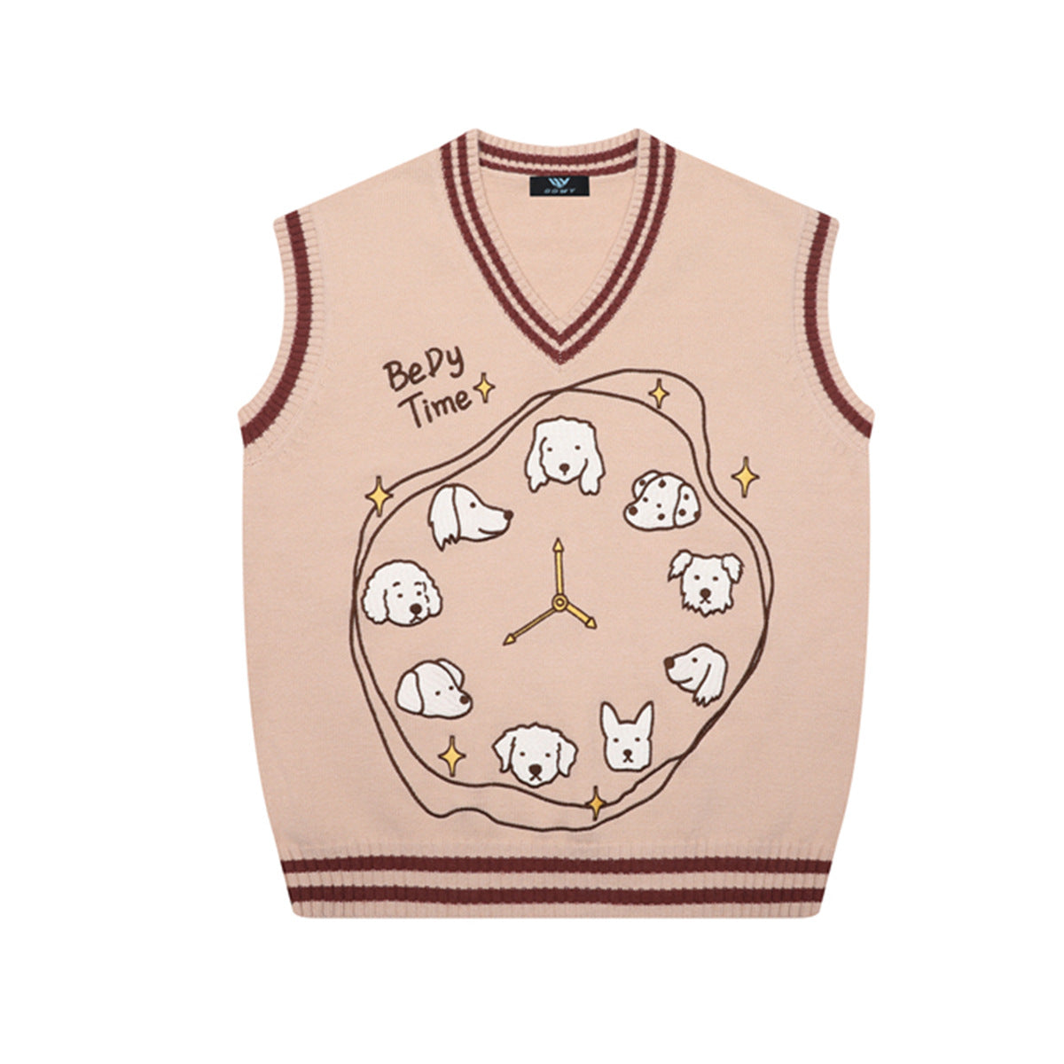 V-neck knit sweater vest with dog clock jacquard graphic in blush pink with burgundy contrast trim