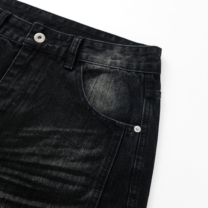 Men's Black Baggy Wide-Leg Jeans – Washed Distressed Curved Silhouette