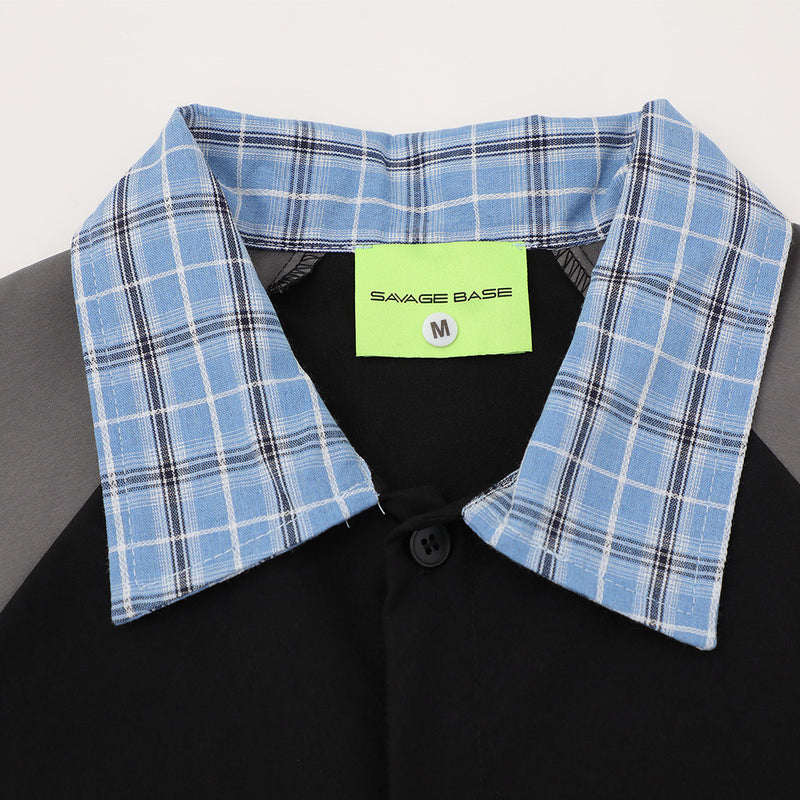 Colorblock Raglan Short Sleeve Shirt with Plaid Collar