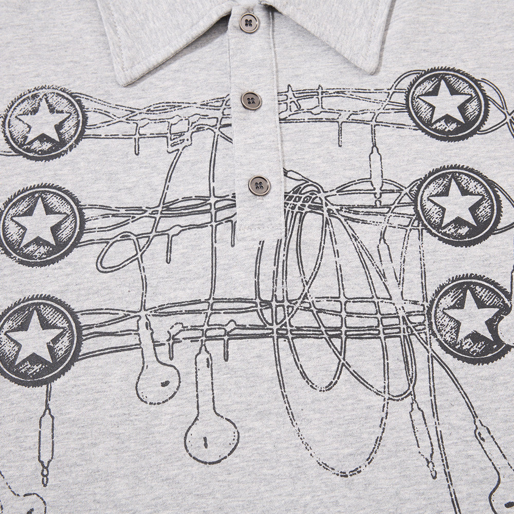 Long Sleeve Polo Shirt with Graffiti Star Print