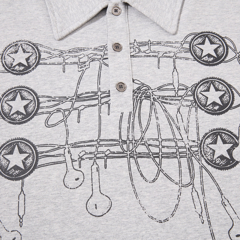 Long Sleeve Polo Shirt with Graffiti Star Print