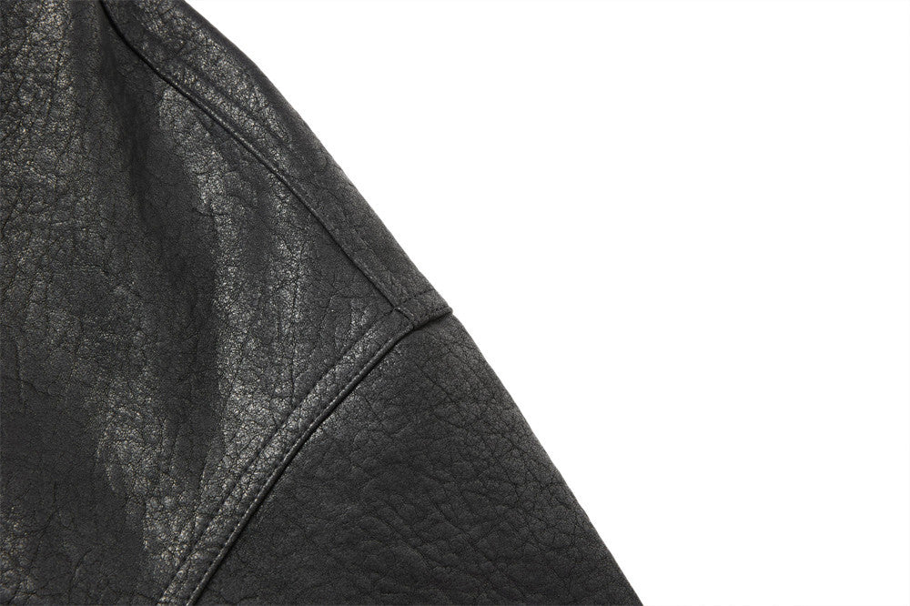 Men's Brown Leather Jacket PU Moto-Style High Collar Snap Button Bomber