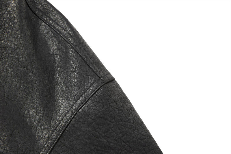 Men's Brown Leather Jacket PU Moto-Style High Collar Snap Button Bomber