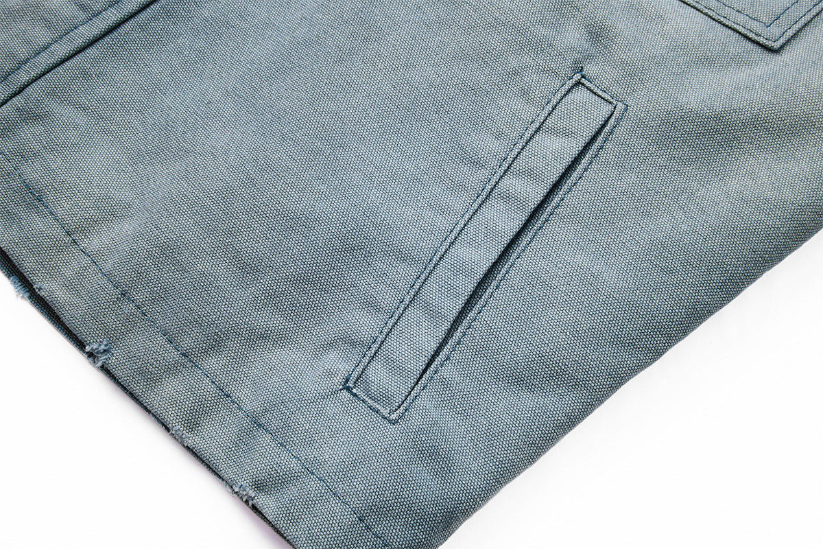 Boxy Washed Denim Workwear Jacket with Corduroy Collar & Clasp Closure