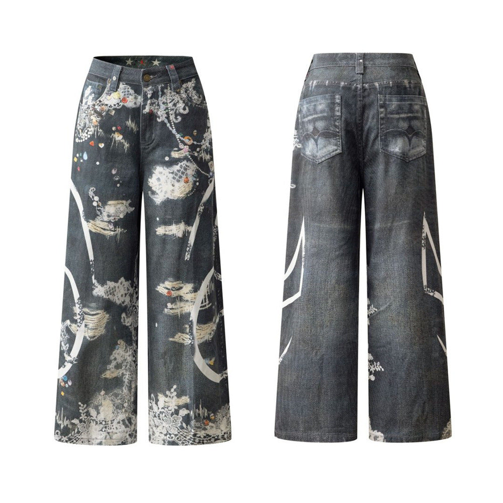 Dark charcoal wide-leg jeans with all-over 3D graffiti and lace print, front and back view