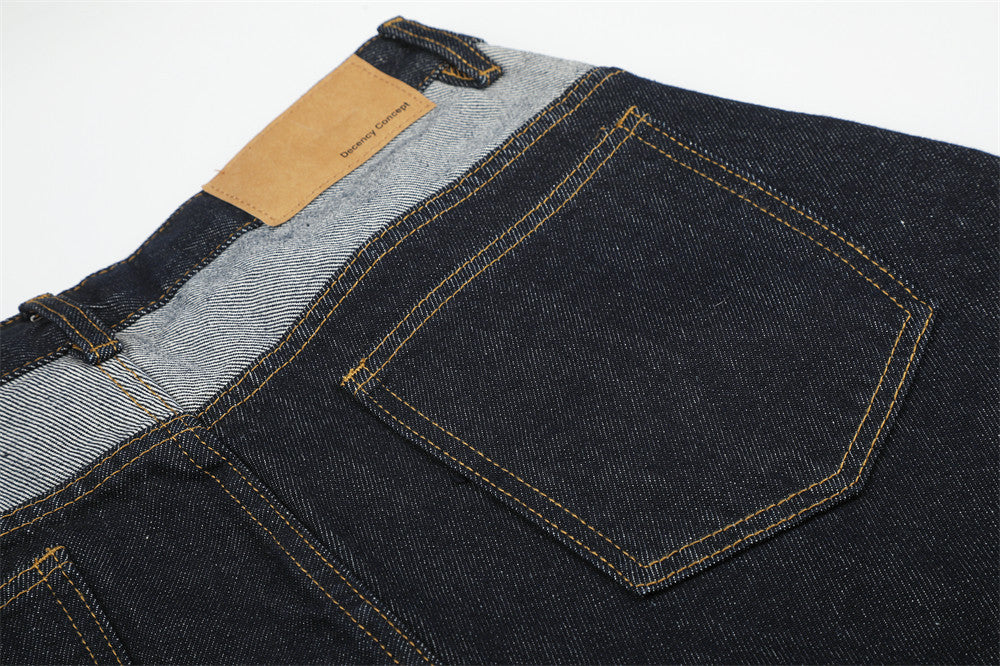 Men's Contrast Patchwork Denim Shorts Wide-Leg Button-Fly Bermuda