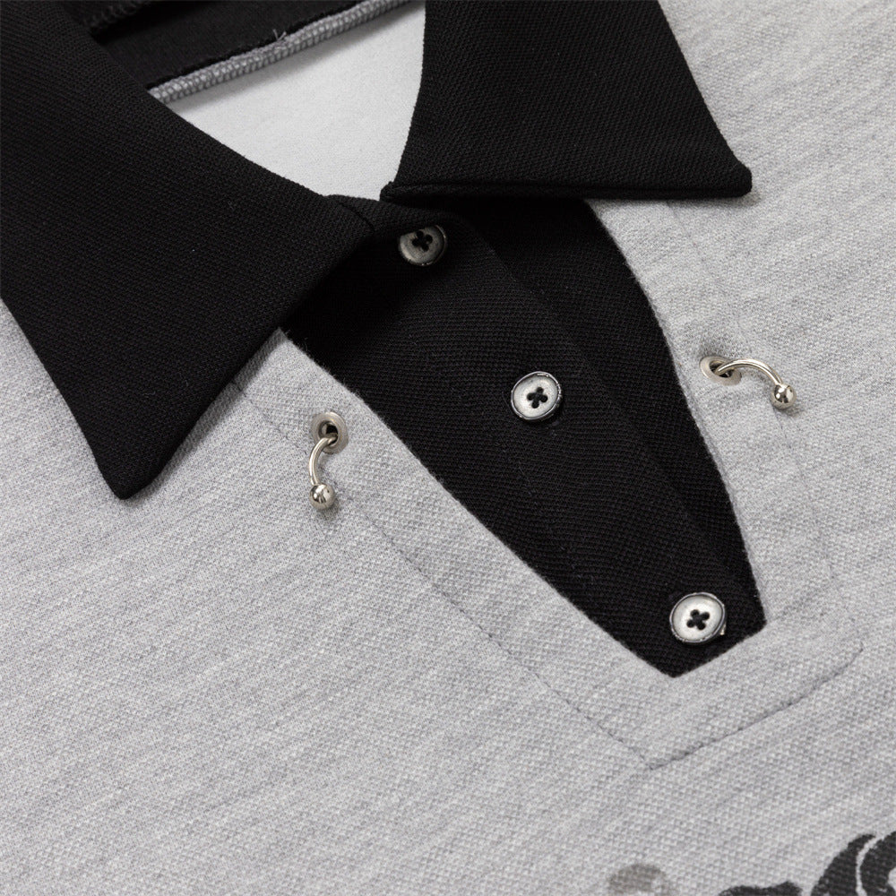 Oversized Faux Two-Piece Polo Sweatshirt with Striped Sleeves and Letter Graphic