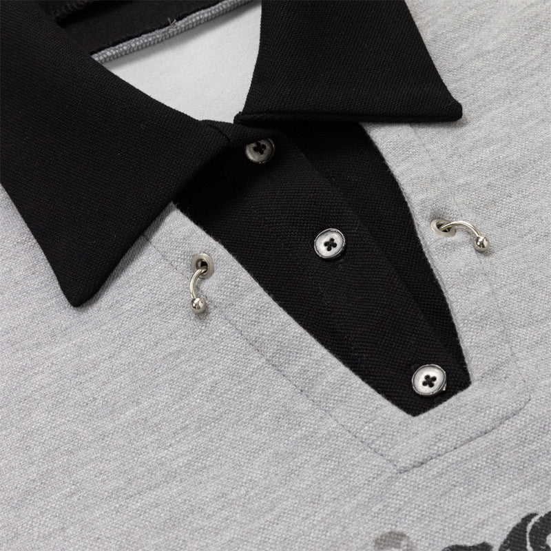 Oversized Faux Two-Piece Polo Sweatshirt with Striped Sleeves and Letter Graphic