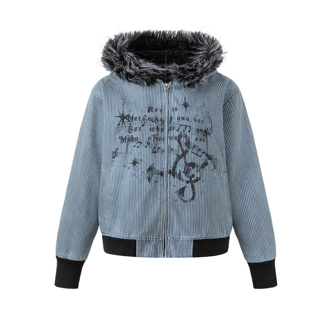 Striped Padded Jacket with Faux Fur Hood & Music Note Print