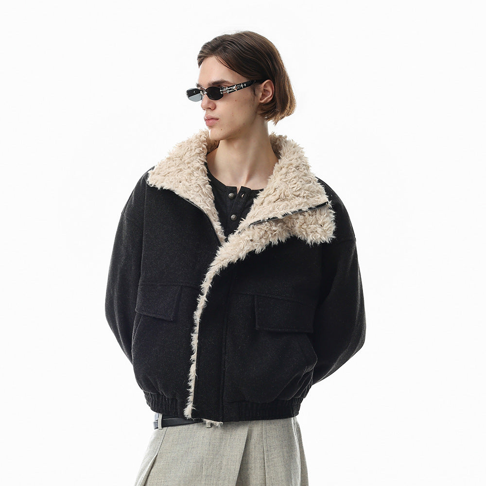 Men's Wool-Blend Sherpa-Lined Stand Collar Bomber Jacket