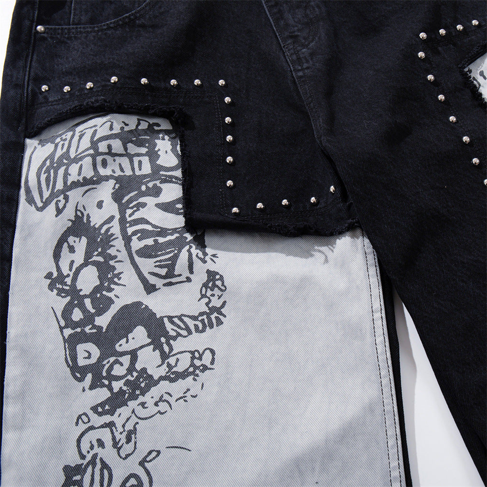 Wide-Leg Patchwork Jeans – Graffiti Print Panels & Studded Detail