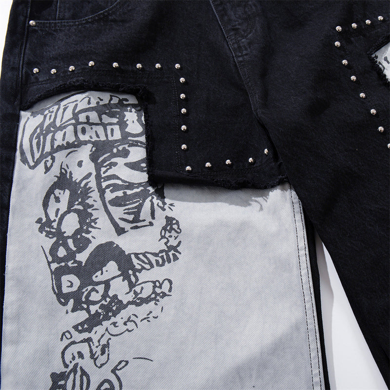 Wide-Leg Patchwork Jeans – Graffiti Print Panels & Studded Detail