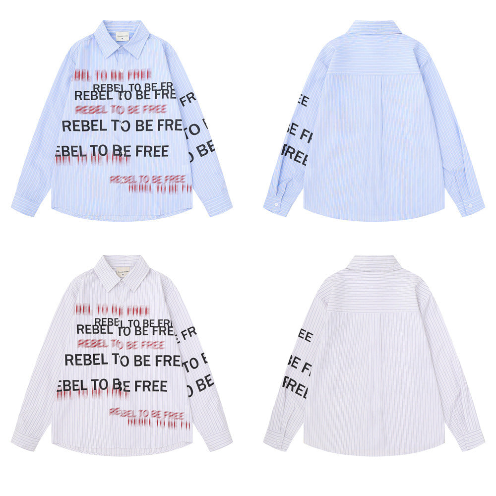 Gestreiftes Herrenhemd mit Knopfleiste und "Rebel To Be Free"-Print, lässige Passform