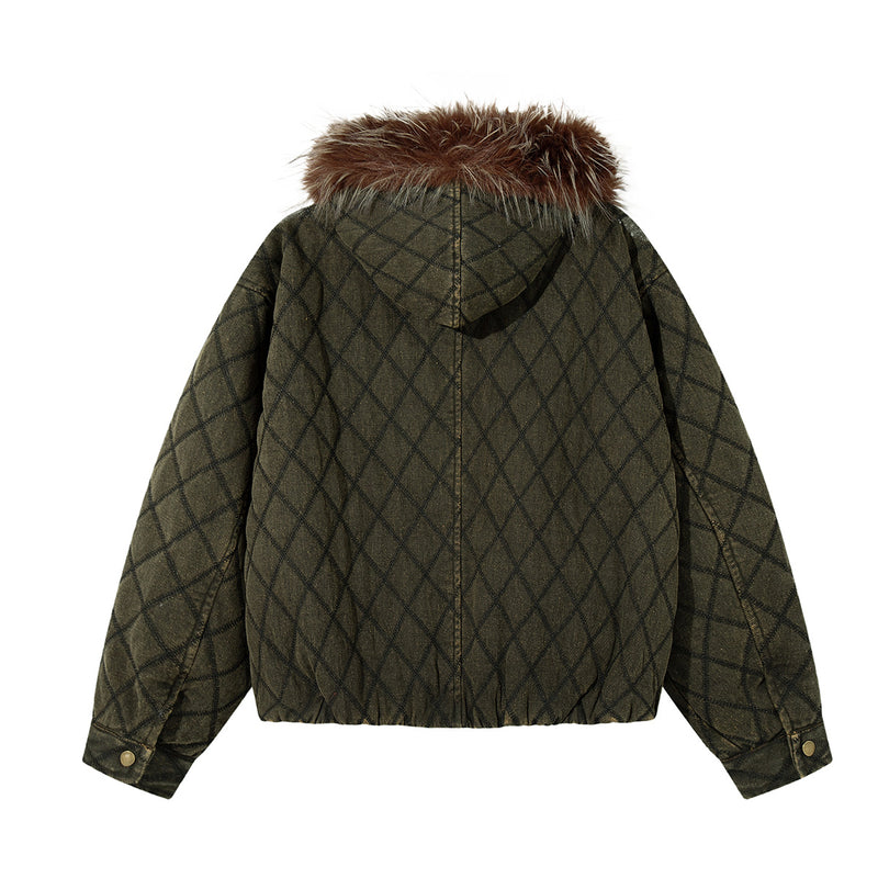 Olive green quilted diamond jacket shown from the back with a brown fur-trimmed hood and adjustable cuffs