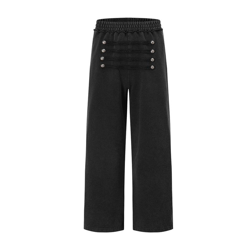 Washed black wide-leg sweatpants with military braided cord and silver button detail on the front waist panel