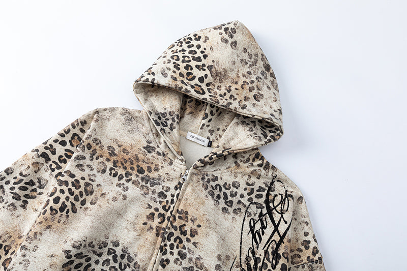 Zip-Hoodie mit Leopardenprint – Vintage-Distressed-Allover-Print, Unisex