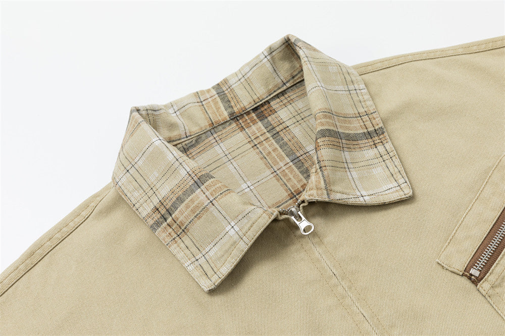 Men's Khaki Workwear Jacket – Relaxed Fit with Plaid Collar & Multi-Pocket