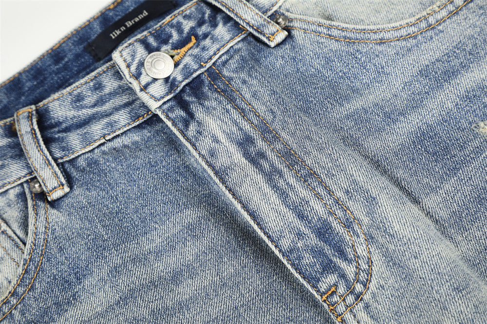 Wide-Leg Distressed Jeans – Men's Light Wash Ripped Straight-Fit Denim
