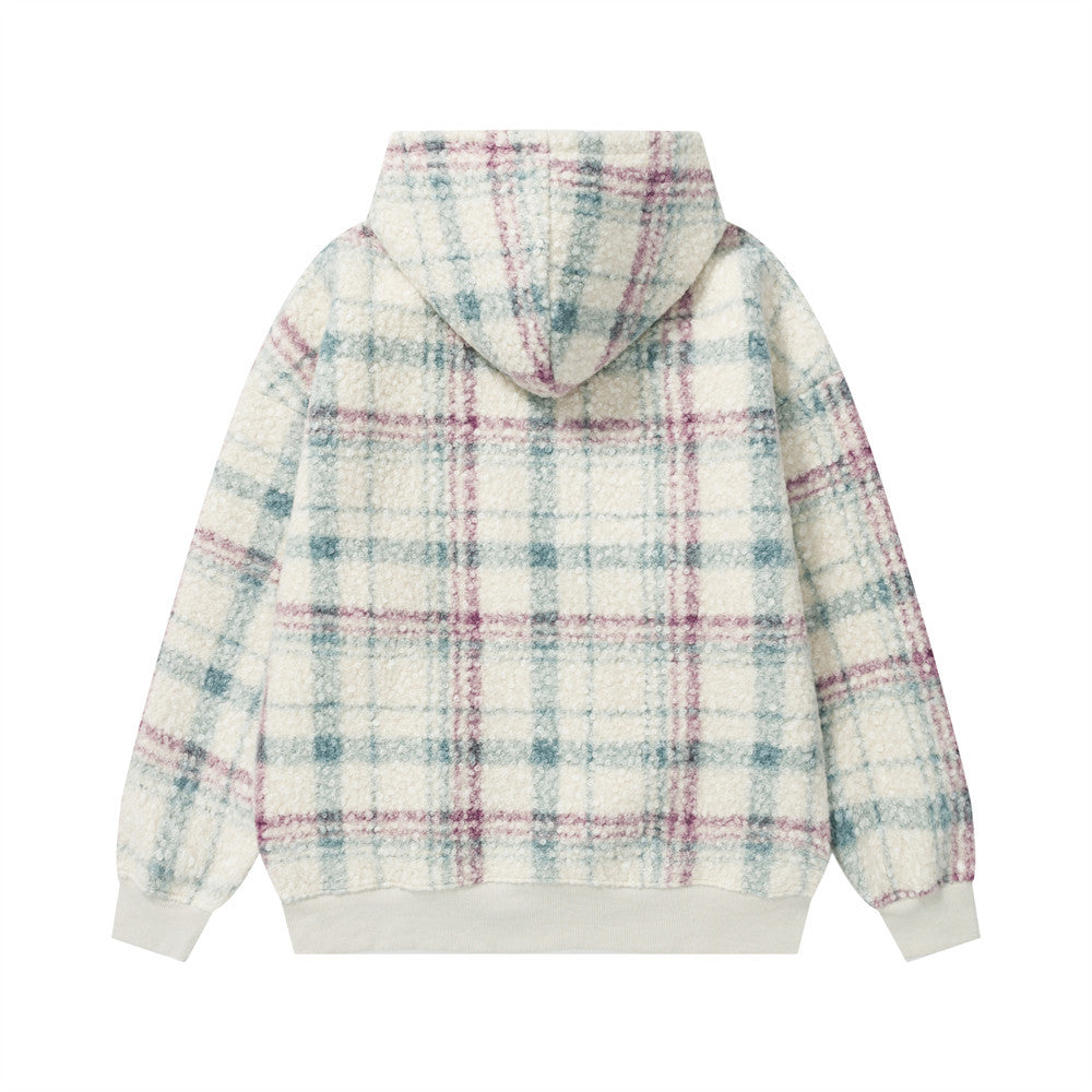 Karierter Sherpa-Fleece-Hoodie mit Buchstabenstickerei – Oversized-Pullover