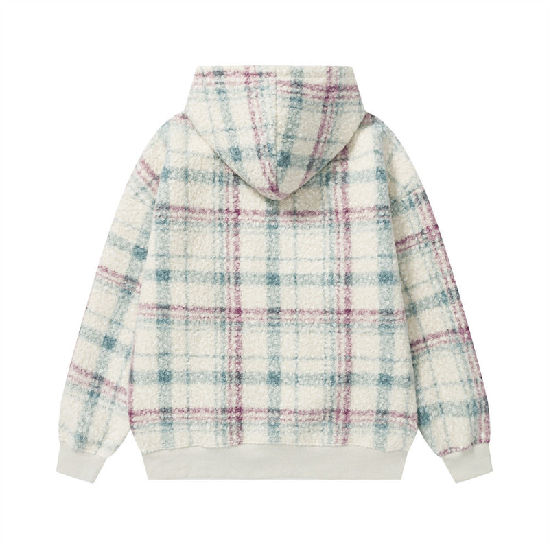 Karierter Sherpa-Fleece-Hoodie mit Buchstabenstickerei – Oversized-Pullover