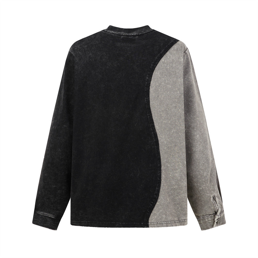 Sweat-shirt colorblock à manches longues délavé à l’acide avec poches cargo