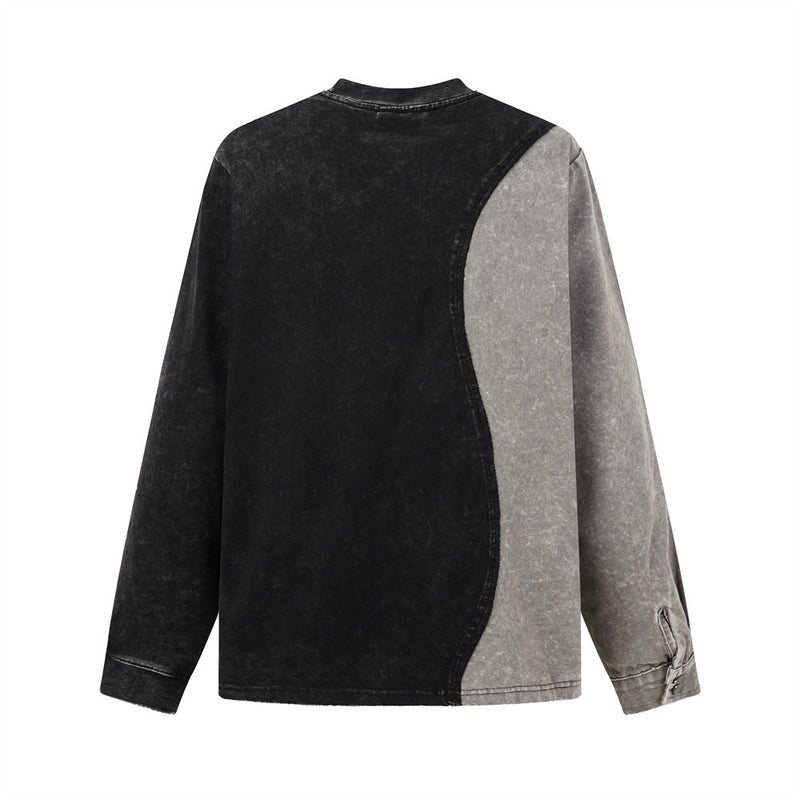 Sweat-shirt colorblock à manches longues délavé à l’acide avec poches cargo
