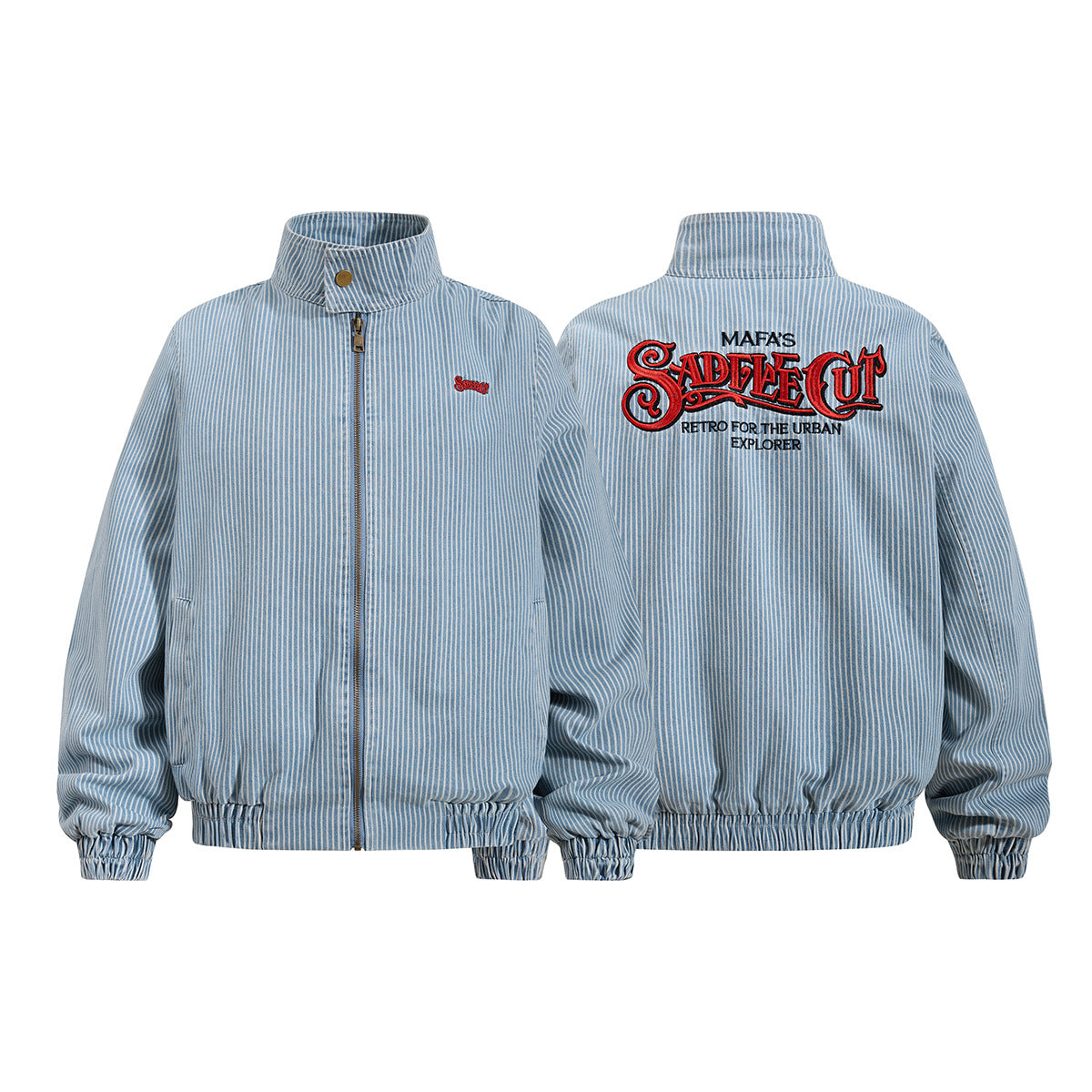 Striped Denim Bomber Jacket Stand Collar Embroidered Retro Boxy Fit