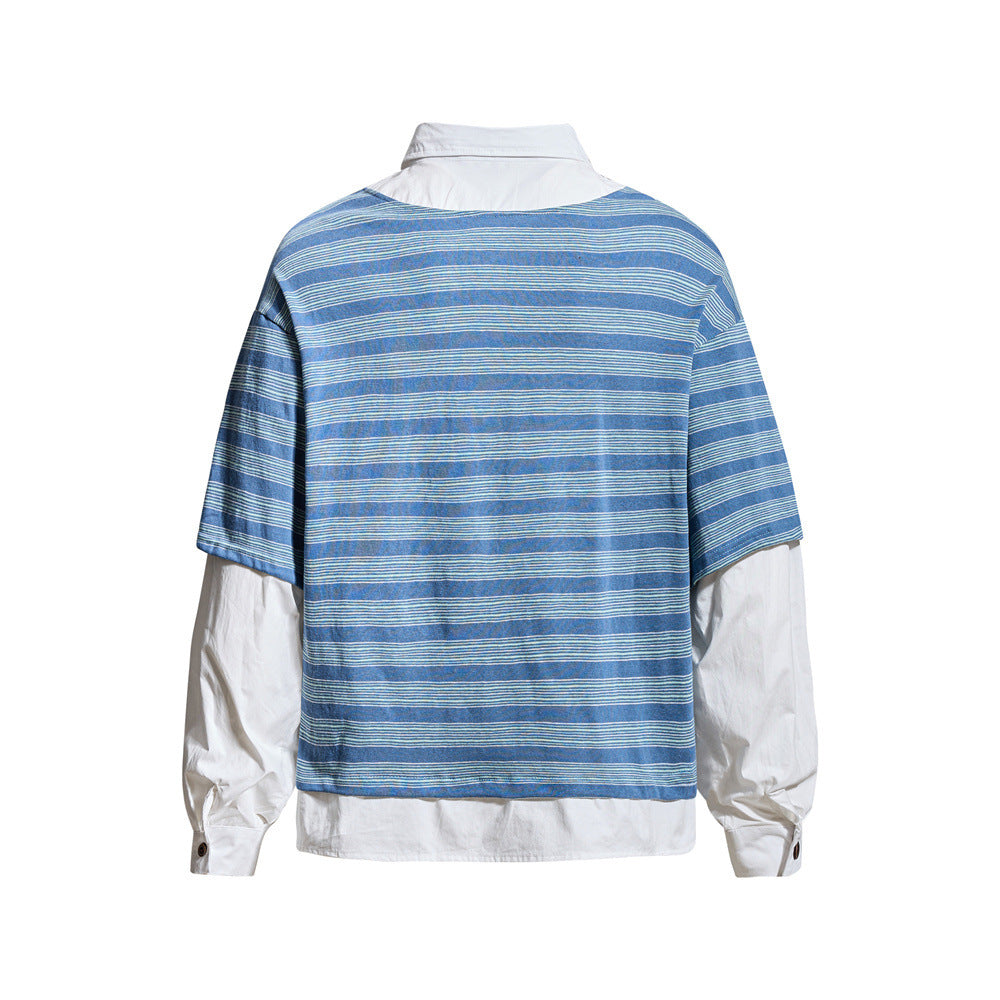 Striped Faux Two-Piece Polo Collar Long Sleeve T-Shirt