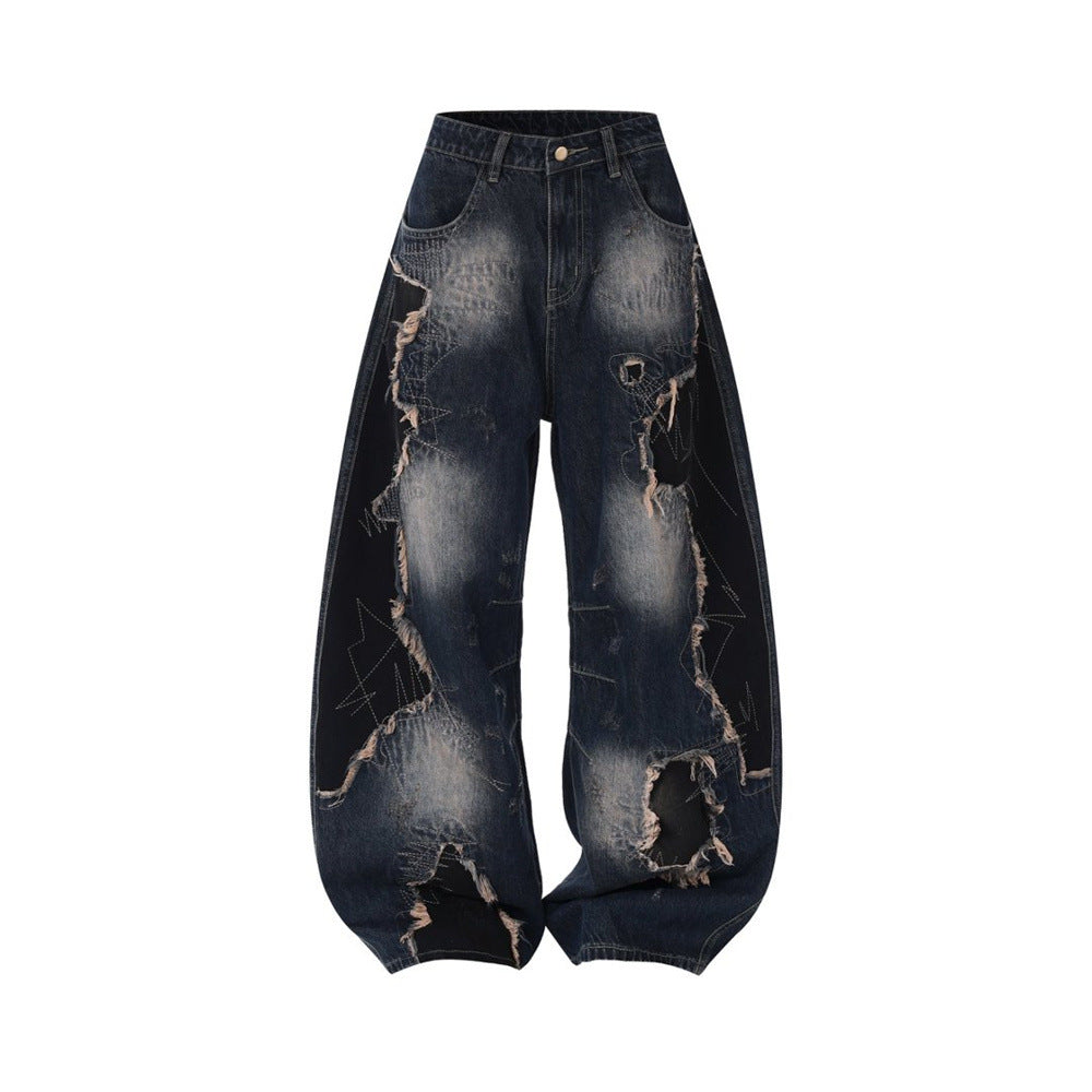 Distressed Patchwork Wide-Leg Jeans – Baggy Ripped Denim with Washed Finish