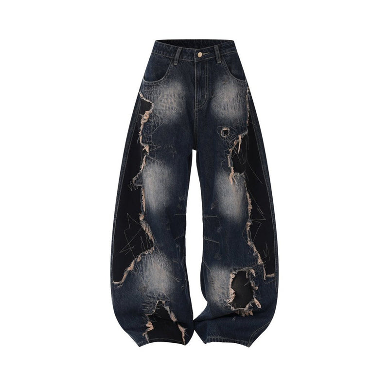 Distressed Patchwork Wide-Leg Jeans – Baggy Ripped Denim with Washed Finish