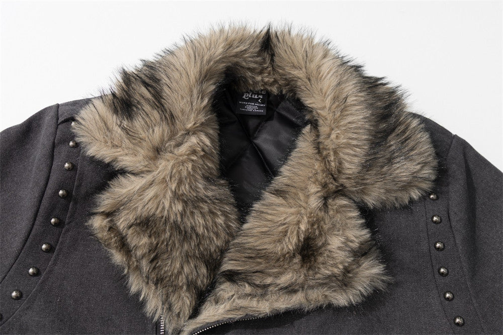 Veste moto homme à col en fausse fourrure – Zip diagonal, détails cloutés, gris anthracite